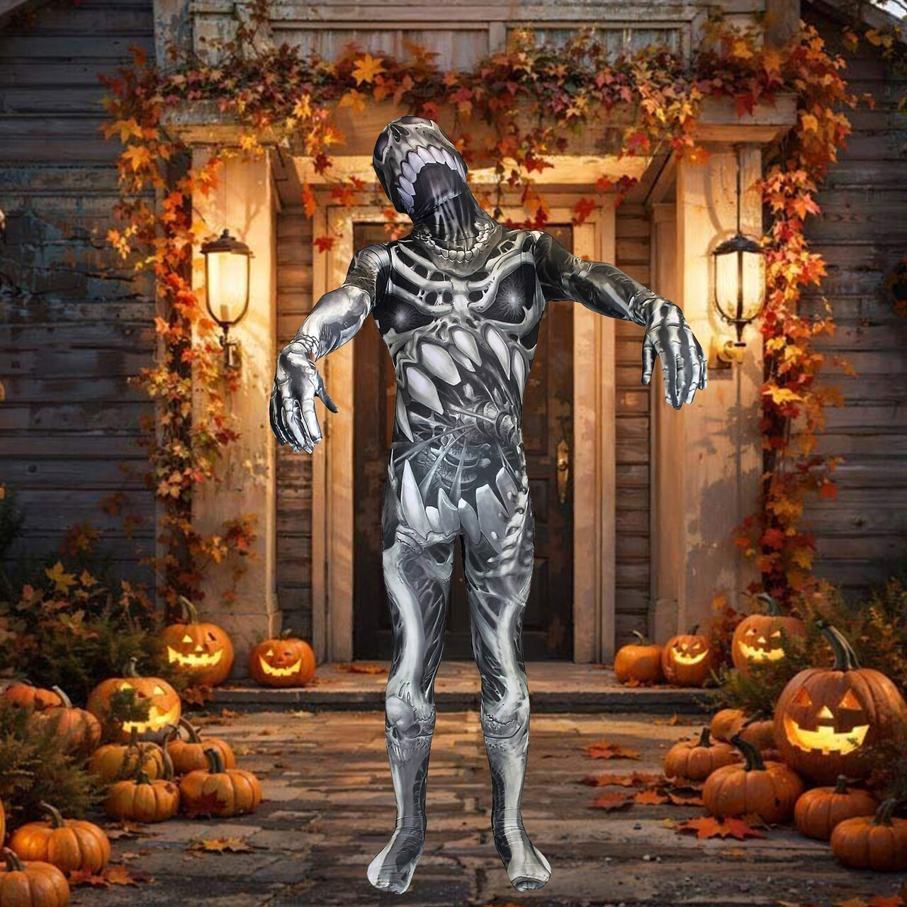 Men's Skull N Bones Morphsuit Halloween Skeleton Spandex Bodysuit with Mask and Hood Costume